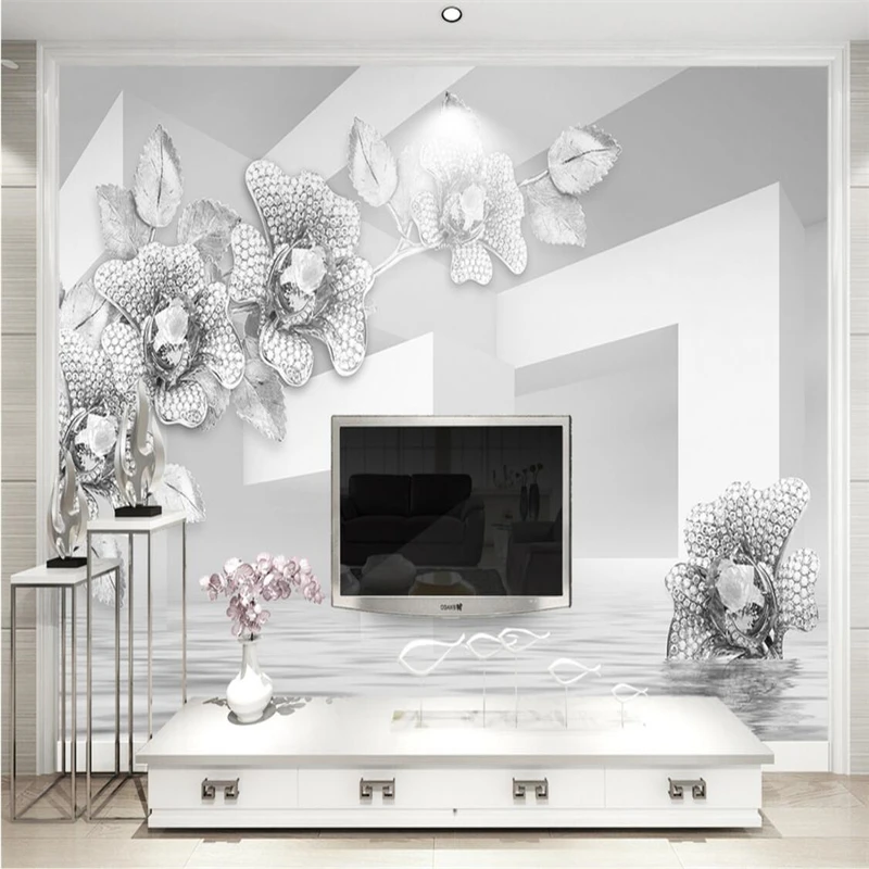 

beibehang 3d wallpaper wall murals wall stickers light luxury simple and elegant 3D platinum jewelry flowers backdrop wall