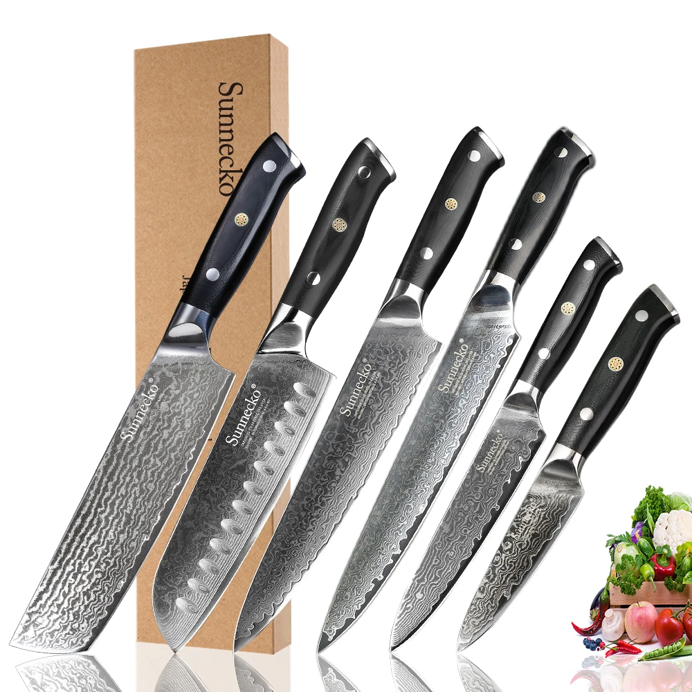 

SUNNECKO 6PCS Kitchen Knives Set Damascus Japanese VG10 Steel G10 Handle 8'' Chef Slicing Santoku Nakiri Utility Paring Knife