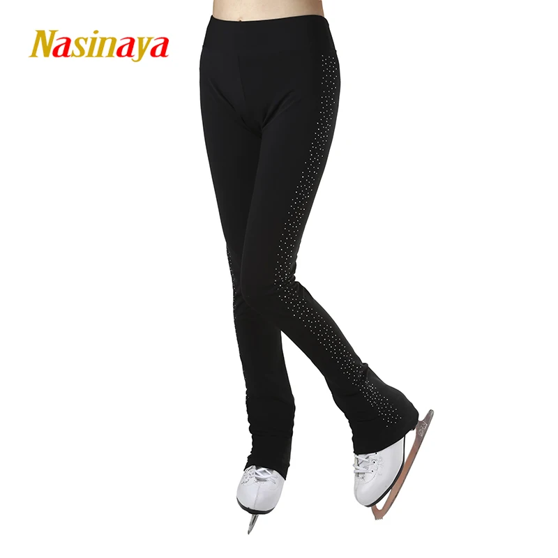 Custom Figure Skating Costume Gymnastics Pants Adult Kids Competition Black Performance Pants Left Leg Rhinestones