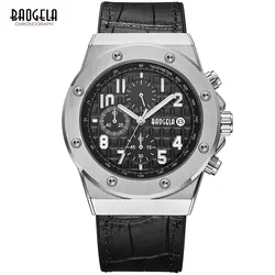 BAOGELA Men's Chronograph Quartz Watches Leather Strap Army Sports Luminous Wristwatch for Man 3Bar Waterproof 1805 Silver black