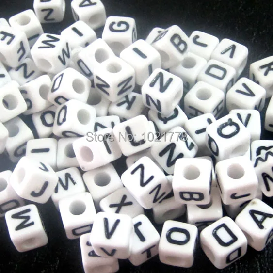 Free Shipping 1000pcs/pack A-Z Mixed White Alphabet/ Letter Acrylic Cube Beads 6x6mm(1/4