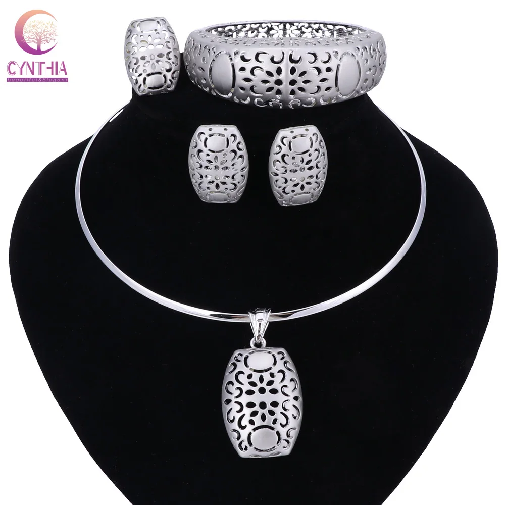 Nigerian Wedding African Beads Jewelry Sets Silver Color Women Necklaces Party Fashion Flowers Hollow Jewellery Accessories