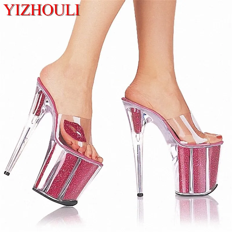 

Fully transparent crystal wedding dress sandals 20 cm high heel slippers stylish lips embellished with high heels, slipper