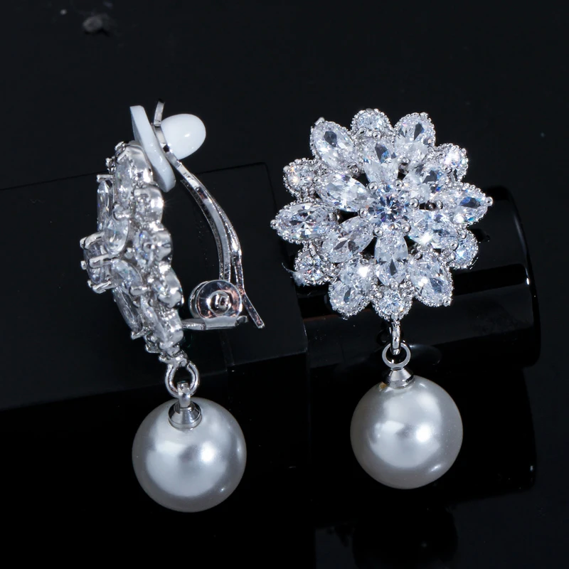 CWWZircons No Piercing White CZ Crystal Dangle Drop Pearl Flower Clip on Earrings Non Hole Pierced Ear Jewelry For Women CZ410