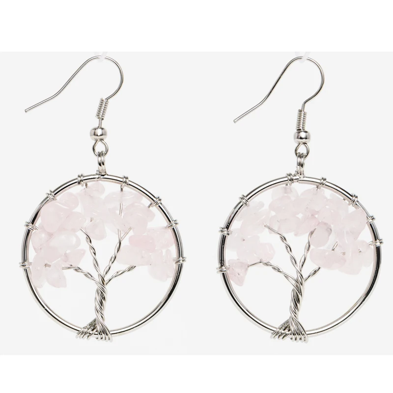 Women\'s Tree of Life Women Drop Earrings Round Natural Chip Gem Stone Opal Tiger Eye Pink Crystal Dangle Hook Earring Jewelry