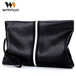 Wmnuo-Sac à main en cuir véritable à rayures pour hommes, pocommuniste en cuir de vachette véritable, poudres pour hommes, portefeuille de créateur, sac enveloppe, édition coréenne chaude