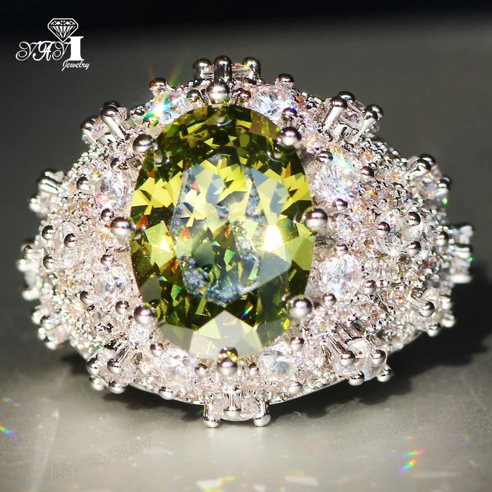 YaYI Jewelry Princess Cut Huge Green Peridot Zircon Silver Color Engagement Wedding Heart Girls Party Rings Gifts