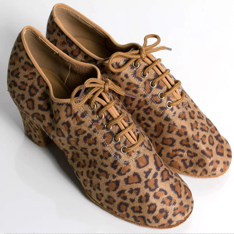 Latin Dance Shoes Women Genuine BD t1-b Import Satin Lace-up Sports Teacher Shoe Leopar Heel 4.5cm Male Female Generic BDDANCE