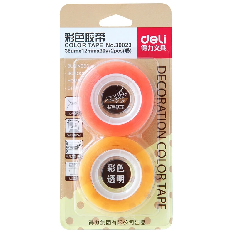 

2PCS/CARD Deli 30022/30023 Mini Size High Clear Stationery Tape Color Tape 12mm*30y*38um Office School 12mm Mini Tape 30y