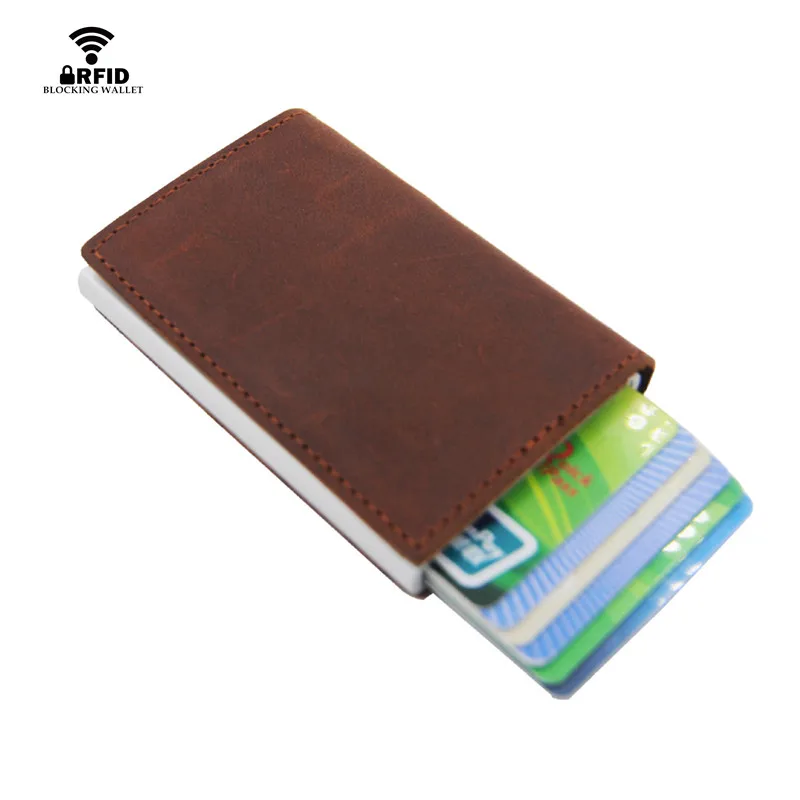 

ID Credit Bank Card Holder Genuine Leather Wallet Crazy Horse Leather Rfid Aluminium Card Holder Vintage Purse Anti-thelf Wallet