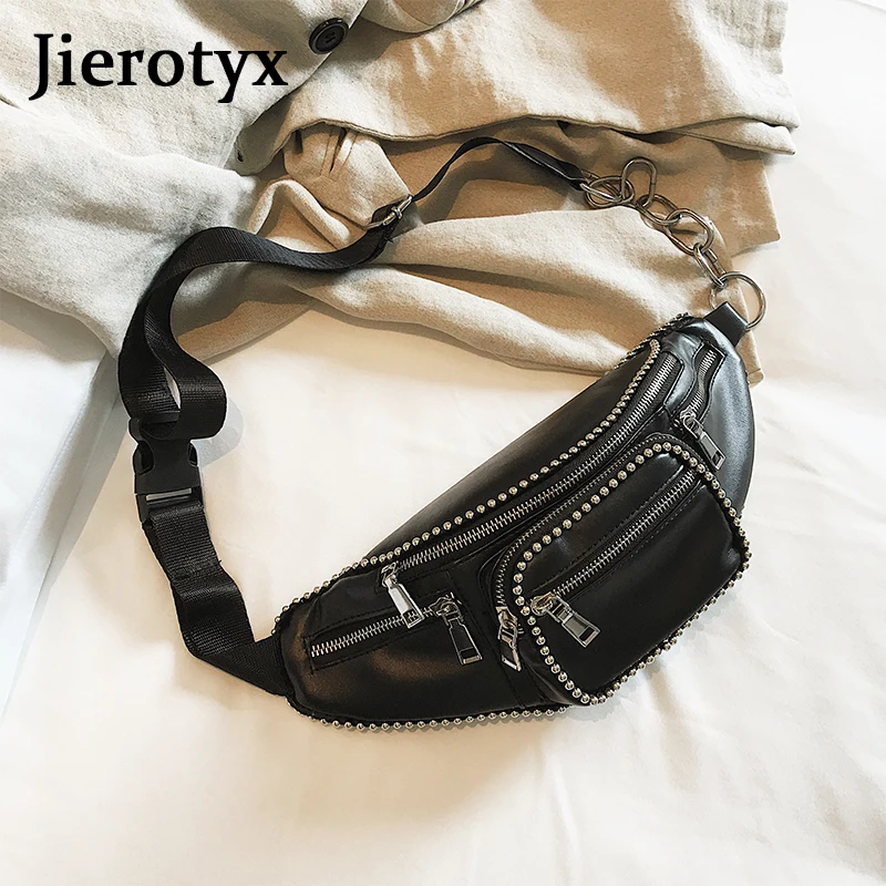 JIEROTYX Leather Waist Bag Women Luxury Brand Waist Fanny Packs Belt Bag Chest Handbag Black Color Sexy Rivets Punk Gothic