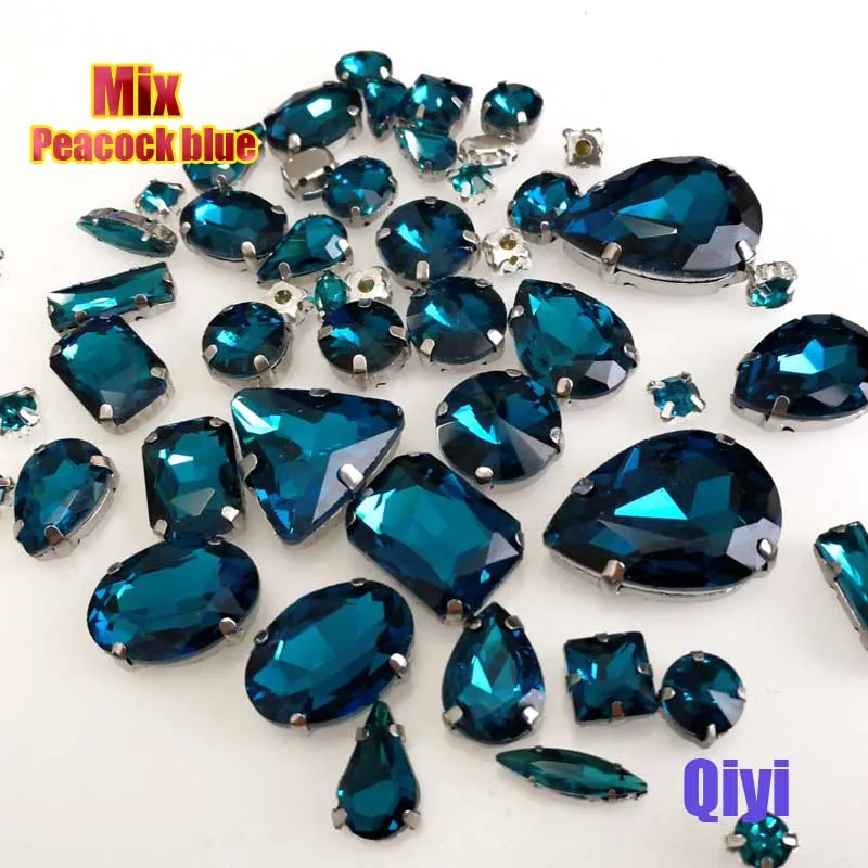 Sell at a loss! 50pcs/bag high quality mixed shape peacock blue glass crystal sew on claw rhinestonesdiy clothing accessories