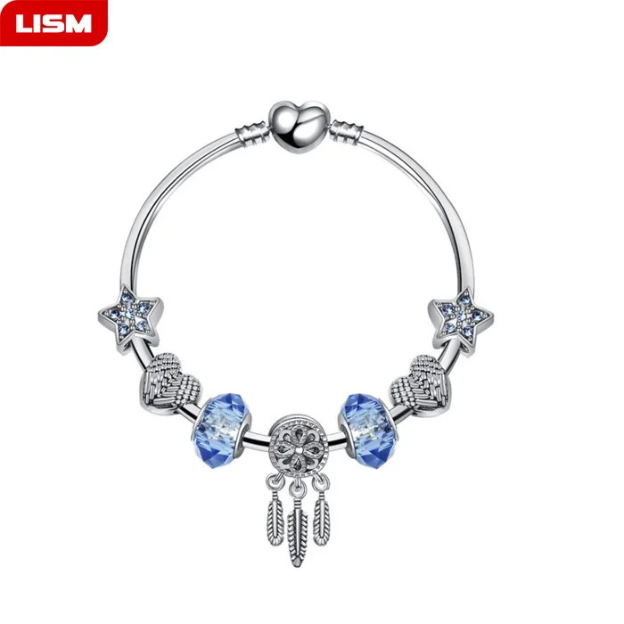 HOT SELL Silver  Color Chain Heart Dream Star New Fashion DIY Beads Charm Bracelets for Women Jewelry Bangle