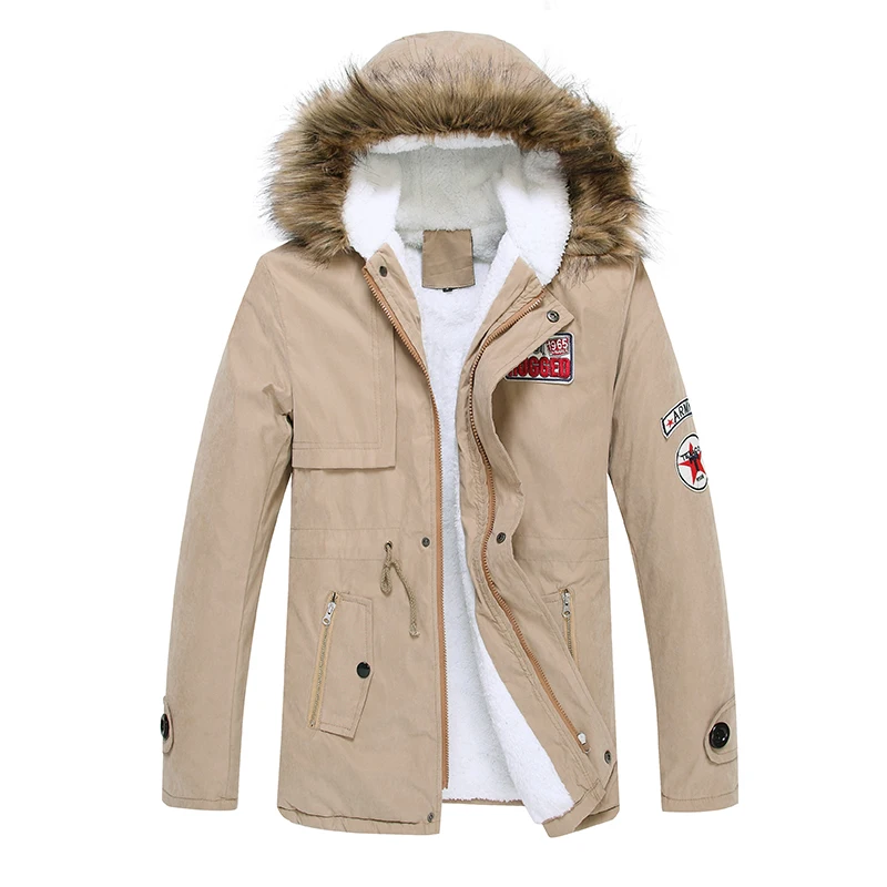 Linner-Chaqueta de lana verde militar para hombre, abrigo grueso y cálido con cuello de piel, Parka larga con capucha, invierno, 2024