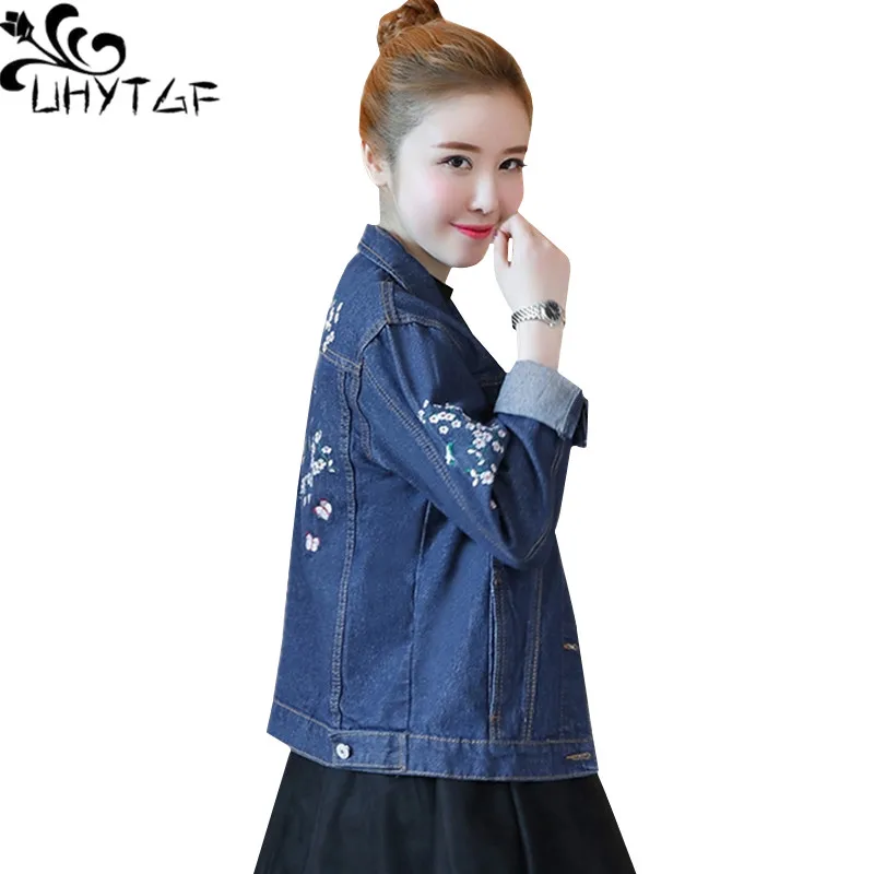 

UHYTGF Loose Size Jacket Women Spring Autumn Jeans Jacket Short Outerwear New Fashion Embroidered Casual Female Denim Coats 1508