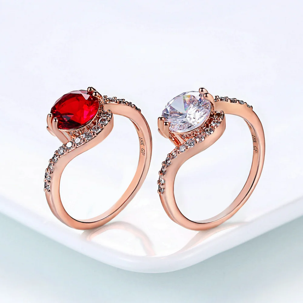 Double Fair New Fashion Design Rose Gold Color Big Zircon Crystal Stone Bend Rings For Women Engagement Jewelry Gift DFR389M