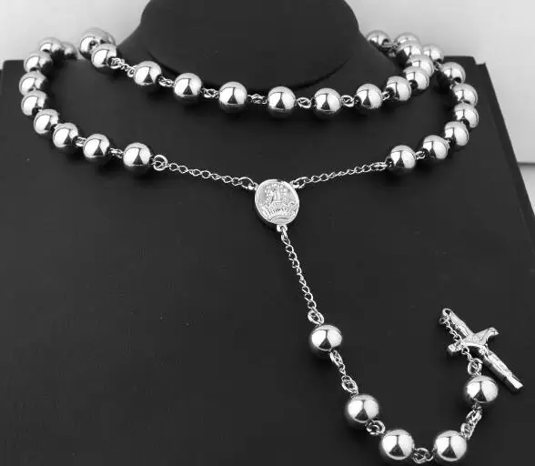 Cool religious Jewelry Large Heavy Stainless steel 8mm Ball Jesus Cross Rosary Necklace Chain 30\'\'+5\'\' for men