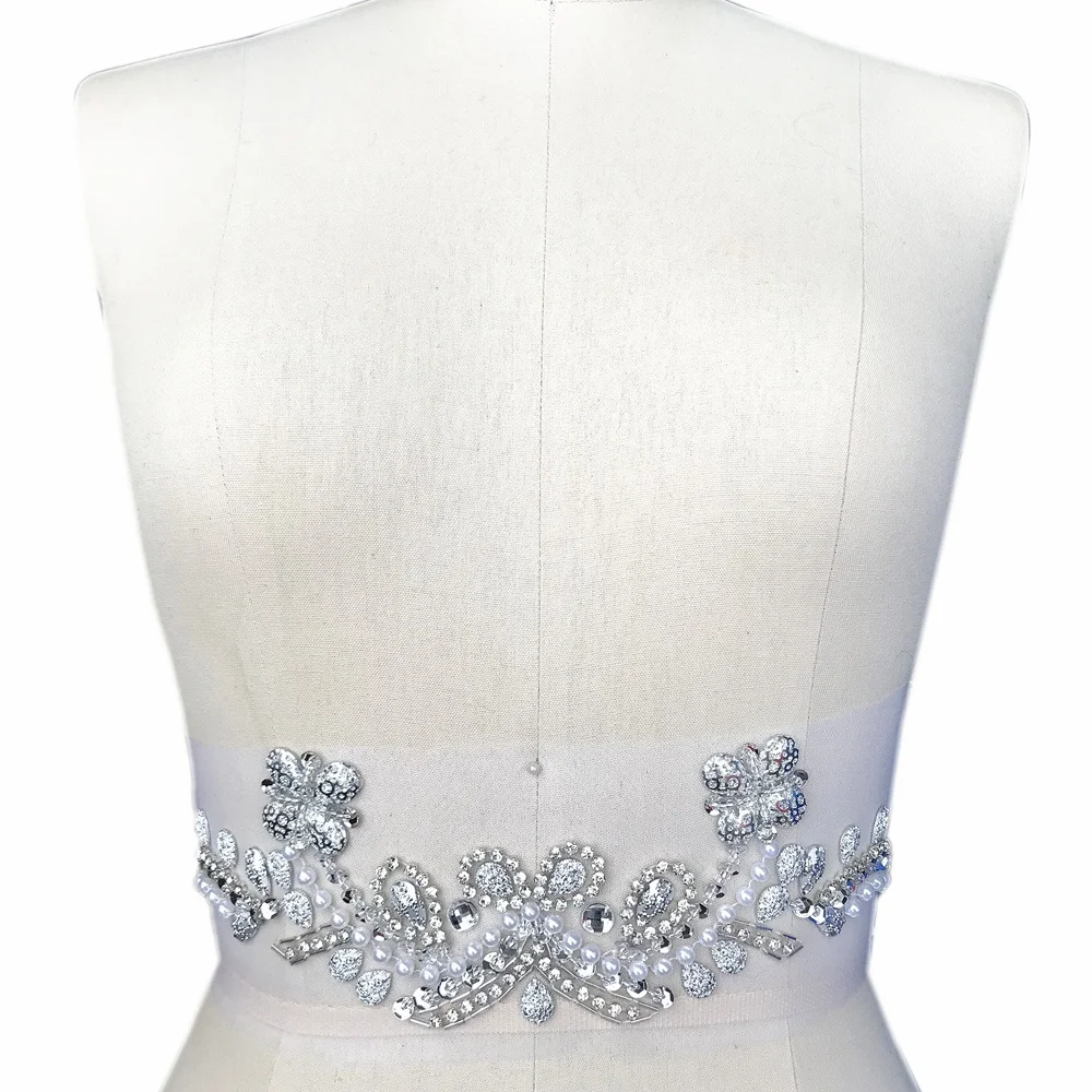 SPARKLE Silver V-Neck Neckline Crystal Appliques For Clothes Design Sewing Wedding Bridal Party Dress Chest Waist Decoration diy