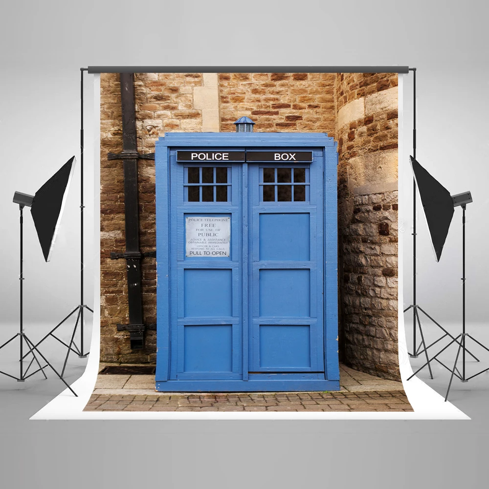 VinyBDS Blue Police Box Photography Background  Street Human Scene Photo Backdrop Fotostudio Achtergrond Studio Fond Photos