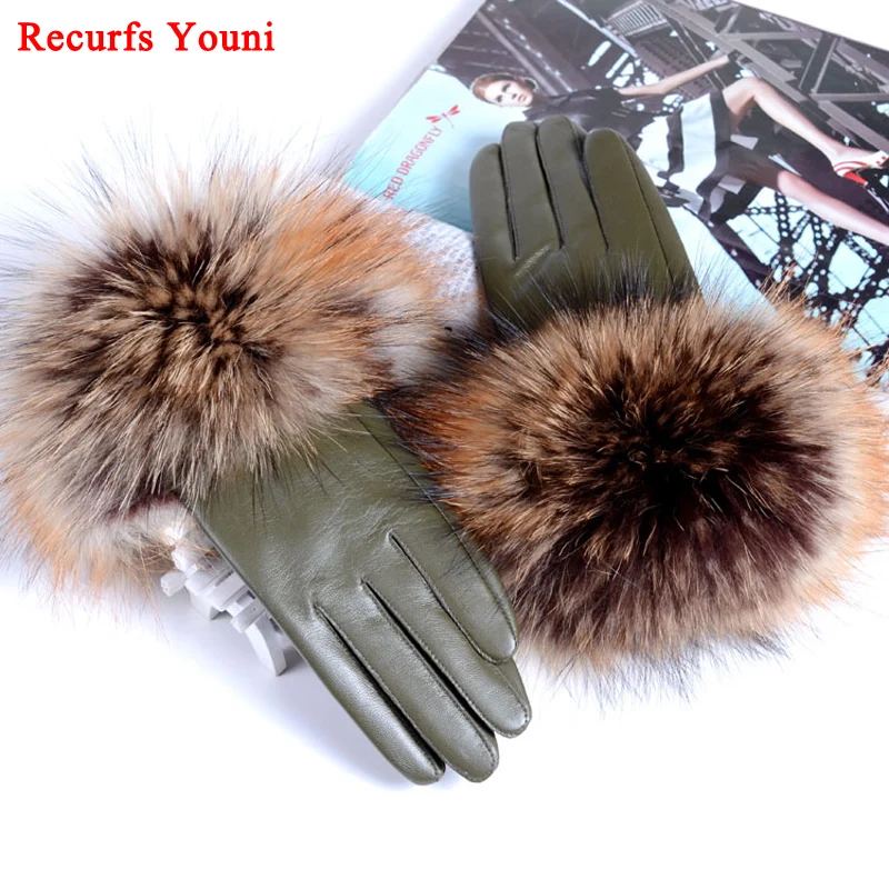 RYG2104 Branded New Woman Genuine Leather Raccoon Fur Gloves Female European Thin Lining Black/Dark Red/Arm Green Driving Luvas