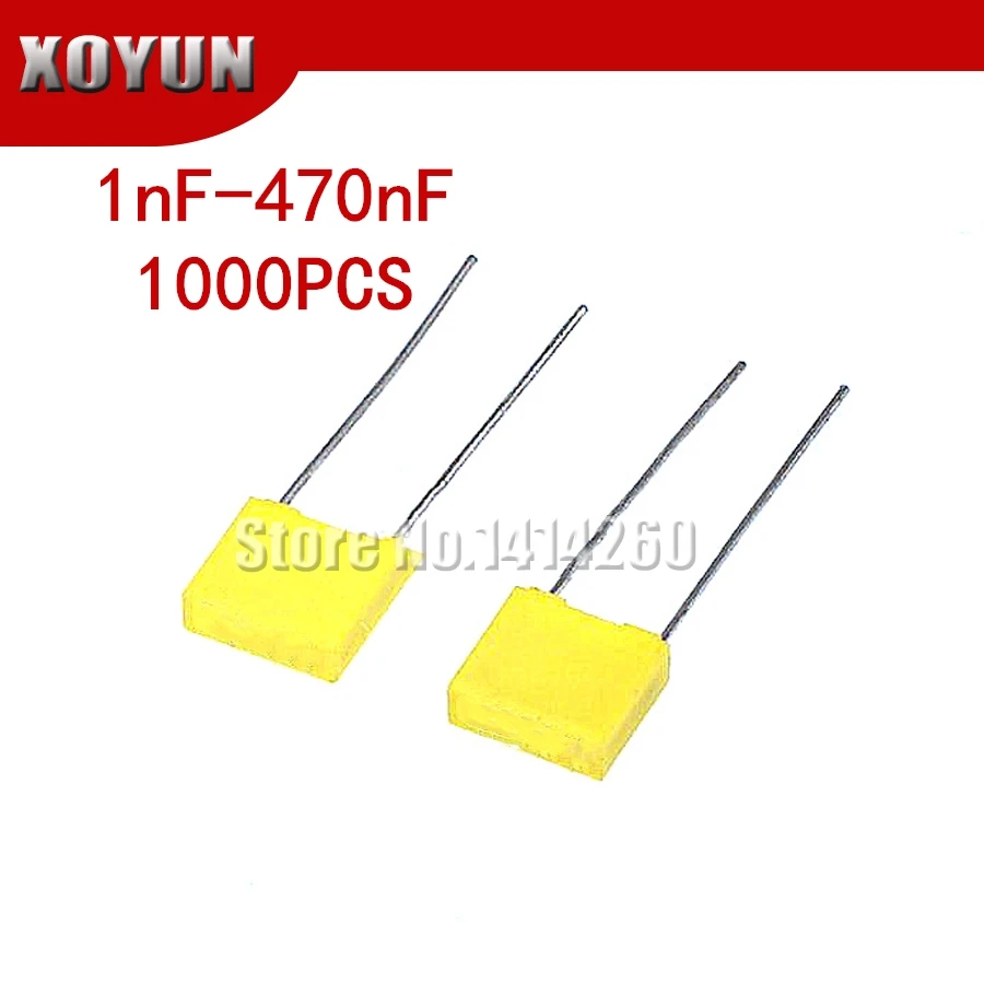 

1000pcs Polypropylene Safety Plastic Film 100V 1nF ~ 470nF 100nf 220nf 10nf 47nf 22nf 1nf 0.47uf 0.1uf Correction capacitor