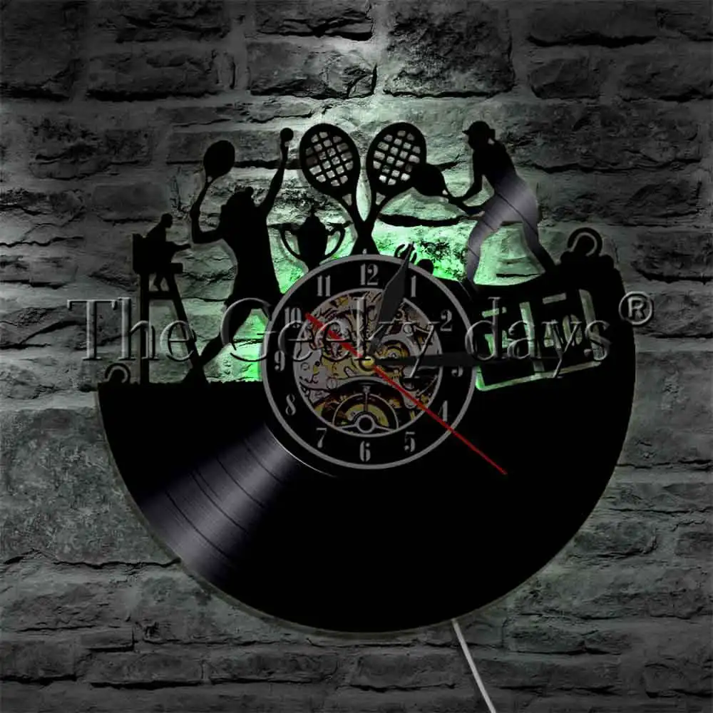 Female Tennis Player Silhouette Vinyl Record Wall Clock With LED Backlight Tennis Game Racket Court Ball LED Night Light