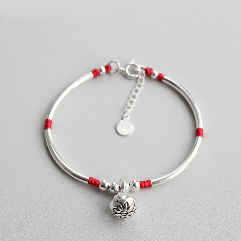 925 Sterling Silver Red Thread Bracelet For Women Handmade Bell Tube Rope Bracelet With Silver Beads Adjustable Lucky Cord