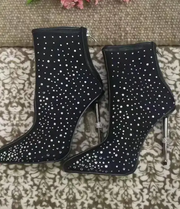 

Sestito Women Spring New Rhinestone Metal Thin High Heels Ankle Boots Ladies Sexy Mesh Pointed Toe Back Zipper Dress Shoes