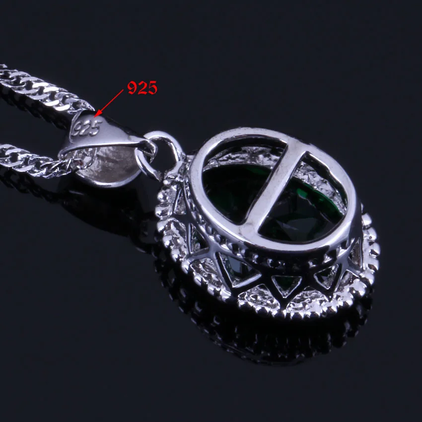 Pretty Big Oval Green Cubic Zirconia Silver Plated Jewelry Sets Earrings Pendant Nacklace Chain Ring V0262