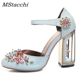 Autunno cristallo fiore Mary Janes donna pompe scarpe donna sandali strano tacco alto scarpe da festa scarpe da sposa con strass fatte a mano