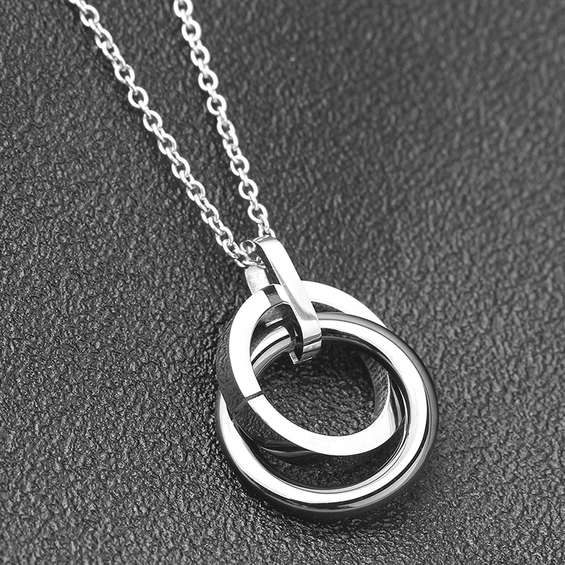 Black White Double Circle Ceramic Necklace Pendant With Stainless Steel Classic Simple Style Pendant Jewelry For Female