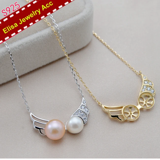 S925 Sterling Silver Angel Wing Double Pearls Pendant Chain Accessory Women DIY Pearl Pendant Components Silver&Gold 3Pcs