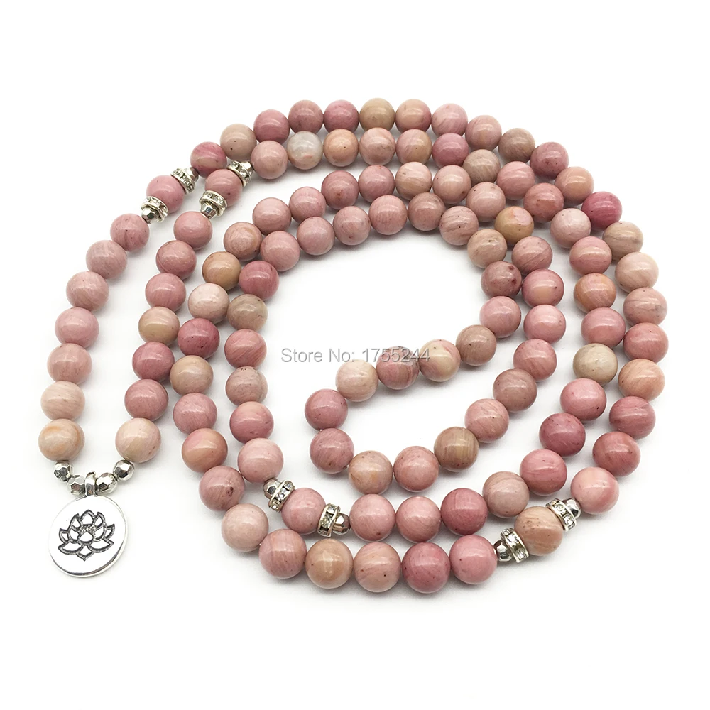 SN1352 On Sale Yoga Bracelet New Design Women`s Bracelet Natural 8 mm Rhodonite 108 Mala Lotus Charm Yoga Necklace