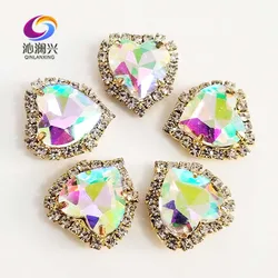 Heart Shape AB Color Crystal Glass Rhinestones, Gold Bottom Sew on Buckle, Used for Needlework, DIY/Sewing Accessories, 10Pcs