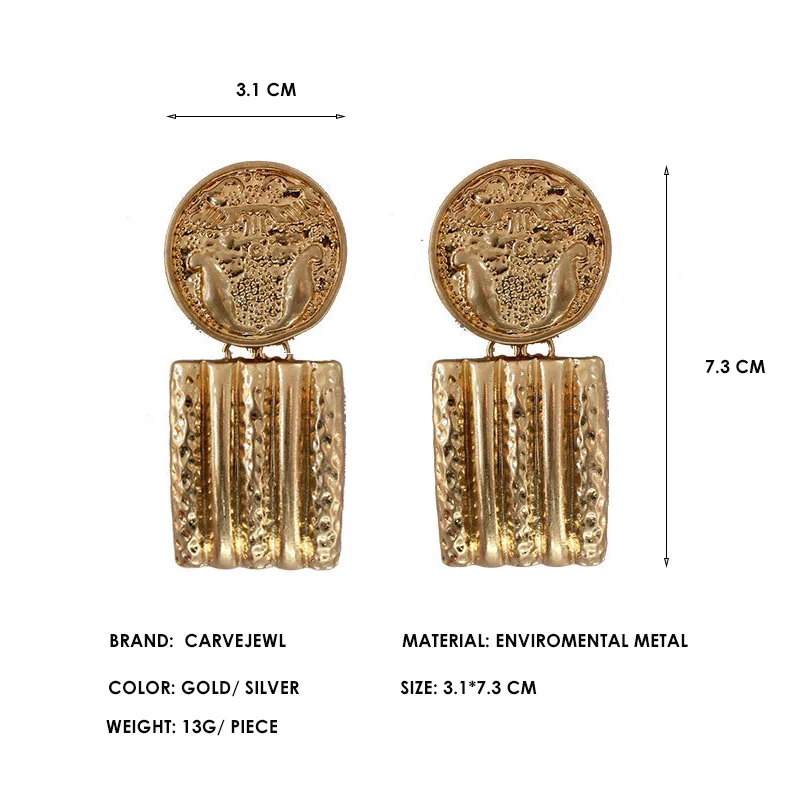 Carvejewl Vintage big Coin rectangle pendant drop Earrings Women Party jewelry Round Disc Medal Gold Silver Color dangle earring