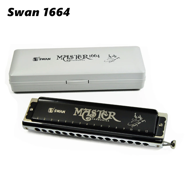 Swan Professional Chromatic Harmonica, 16 Holes, Black Color, Armonica a Bocca, 16 Hole, 64 Tone