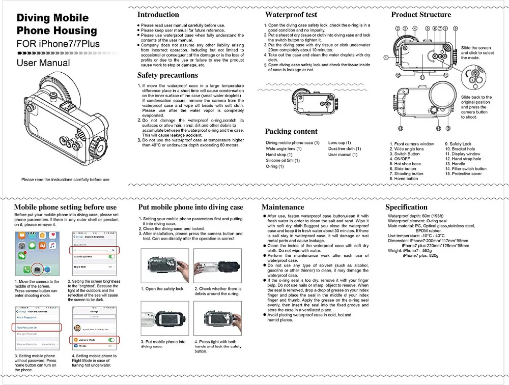 195FT/60M Underwater Housing Case for iPhone 7 (4.7'') 7 Plus (5.5