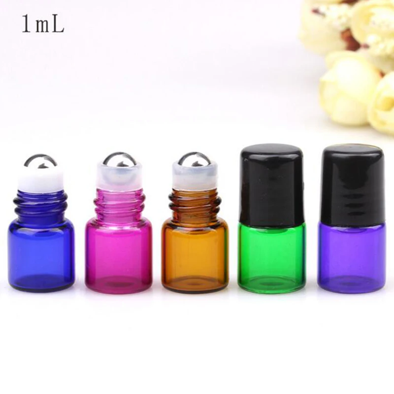 

Colorful 1ml glass roll on bottles Essential oils Fragrances Roller ball bottle with black cap with factory Price