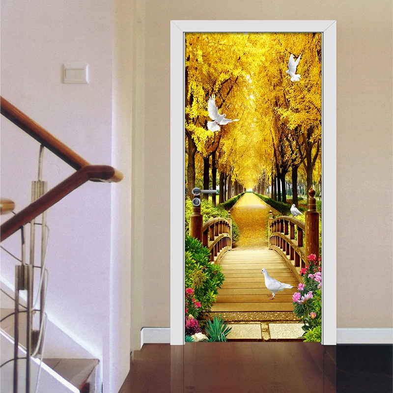 Foto papel de parede 3d floresta dourada natureza paisagem murais pvc auto-adesivo adesivos de parede sala de estar à prova d3d água 3d porta adesivo