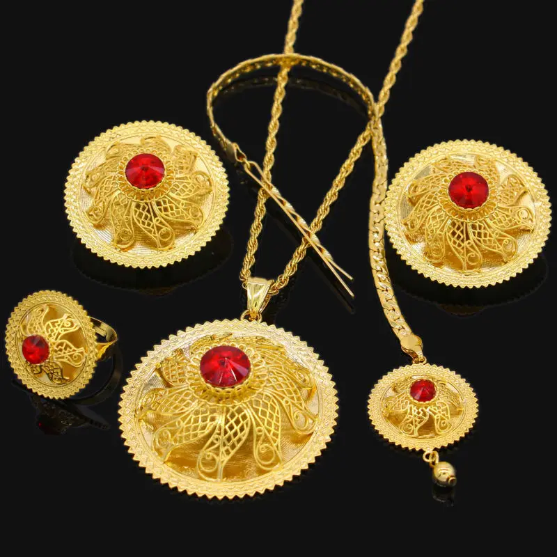 Adixyn Ethiopian Jewelry set 24K Gold Color Crystal Necklace/Pendant/Hair Chain/Earring/Ring Middle Easter Habesha Wedding set