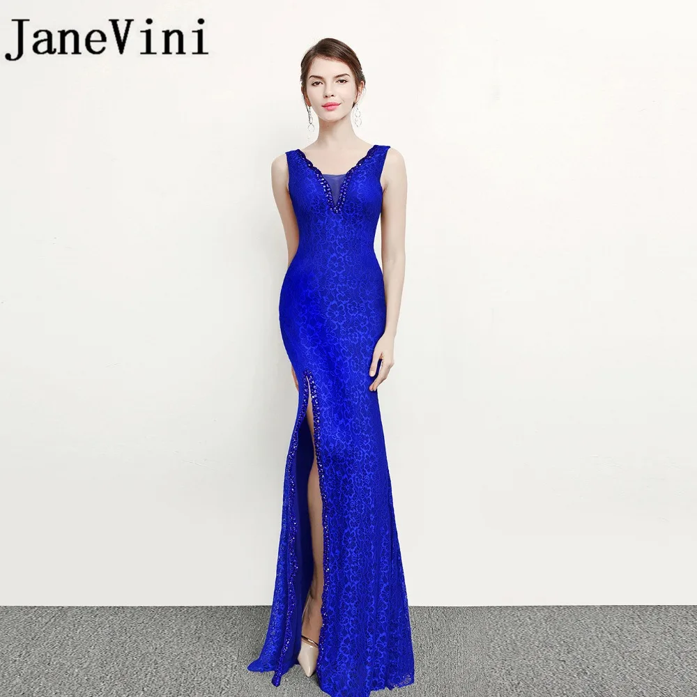 JaneVini Vestidos Vintage Lace Beaded Mother of the Bride Dresses Mermaid V Neck High Split Royal Blue Evening Gowns Jurken Lang