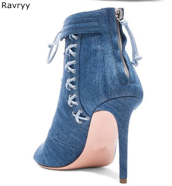 Denim Woman sandals cross-tied blue short sandal boots summer fashion thin heel high heels cover heel peep toe female shoes