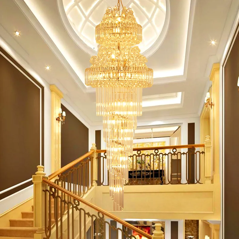 Modern Long Crystal Chandelier LED Lights American Gold K9 Crystal Chandeliers Lights Fixture Stair Way Home Indoor Lighting