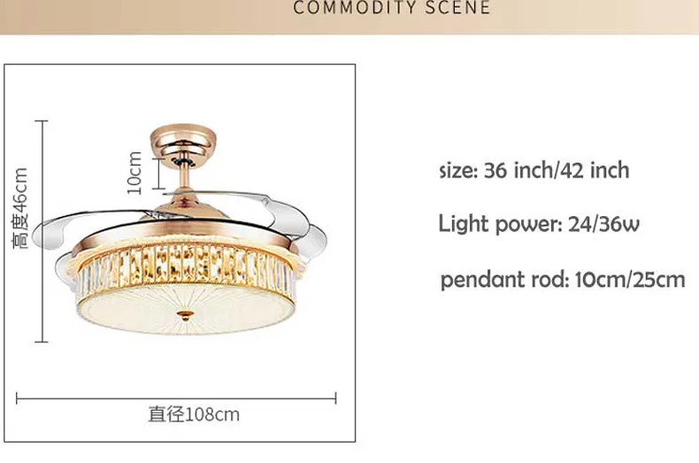 Imagem -06 - Cristal Moderno Led Ventilador de Teto Luz Sala Estar Restaurante Quarto Dobrável Invisível Lustres Ventiladores 36 42 Polegada Controle Remoto