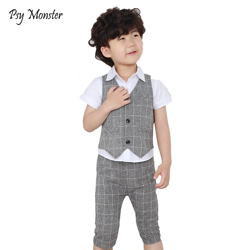 

2018 Boys School Suit Formal Suits Summer 3pcs Prince Boys Vest+Shirt+Shorts Children Kids Wedding Clothing Sets F136