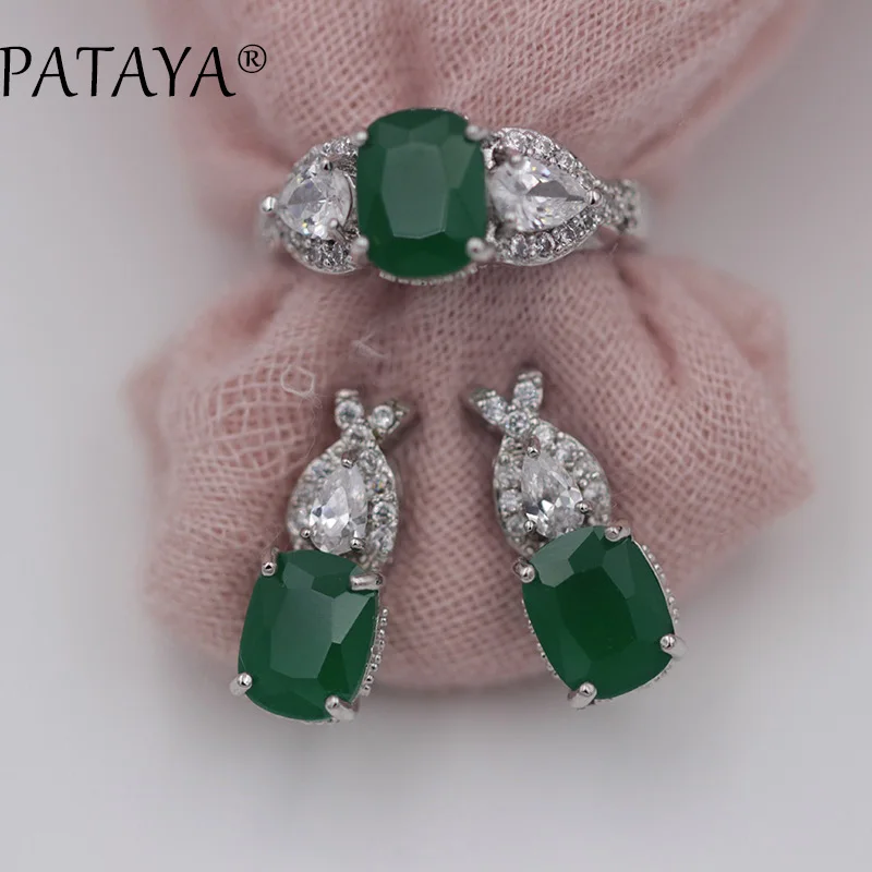 

PATAYA Trendy Jewelry Sets True White Gold Color Natural Cubic Zirconia Ring Earrings Set Bride Wedding Decoration Fine Jewelry