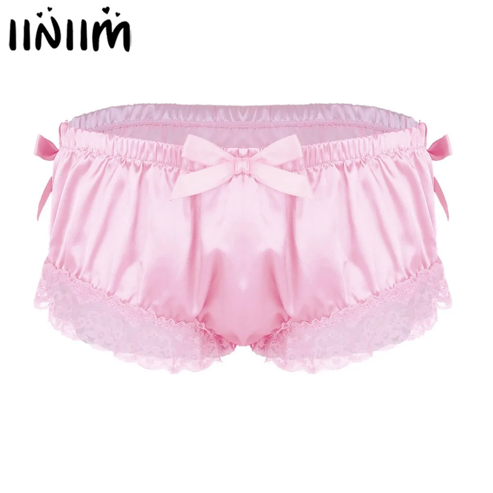 

Mens Sissy Panties Shiny Satin Ruffled Floral Lace Cute Bowknot Knickers Briefs Bikini Slip Homme Lingerie Underwear for Man