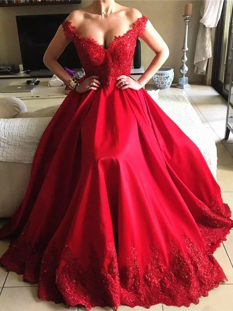 Red Prom Party Dresses 2021 Dubai Arabic Short Sleeve Off Shoulder Backless Evening Gowns Sequined Lace