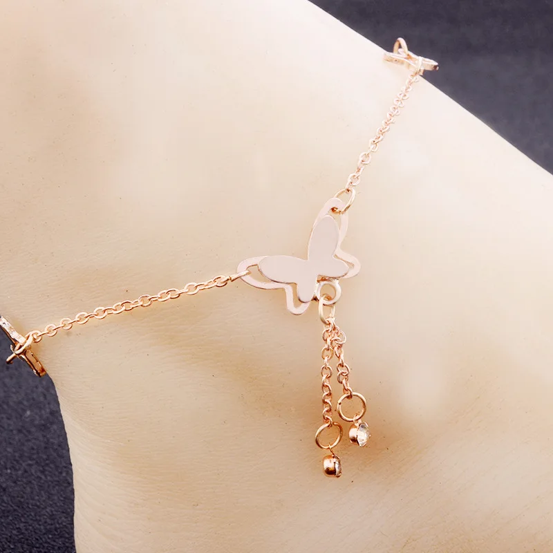 Butterfly Pendant Anklets Foot Chain Summer Tassel Rhinestone Beach Leg Bracelet Handmade Anklet Gold Silver Color Jewelry