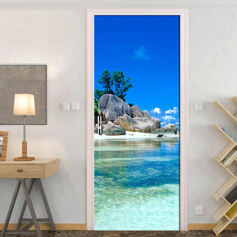 

Blue Sky White Clouds Island Landscape 3D Door Sticker Photo Wall Paper Living Room Bedroom Waterproof Door Stickers Home Decor